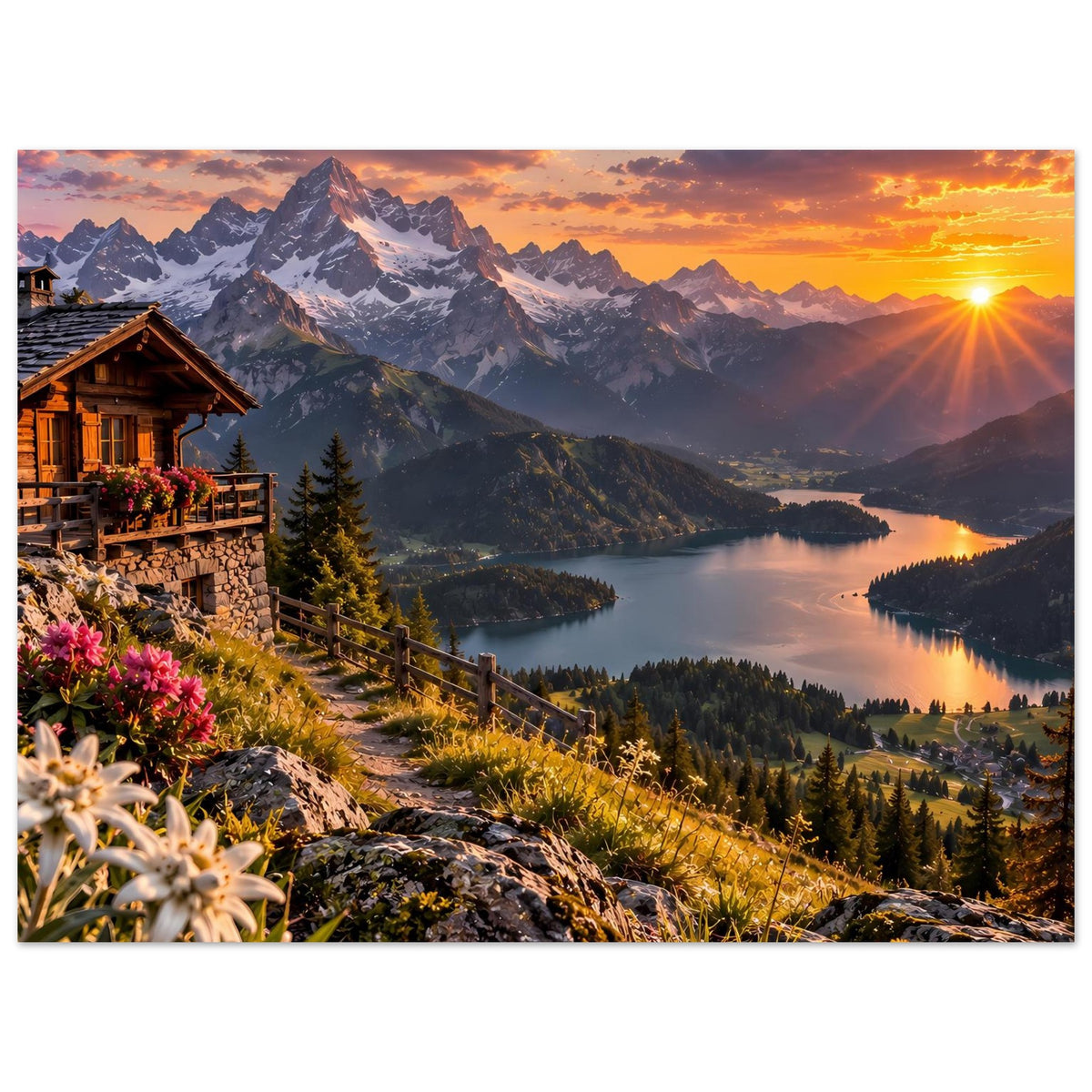 Landschafts-Poster mit Alpenpanorama, Hütte, bewaldeten Hängen und Sonnenuntergang