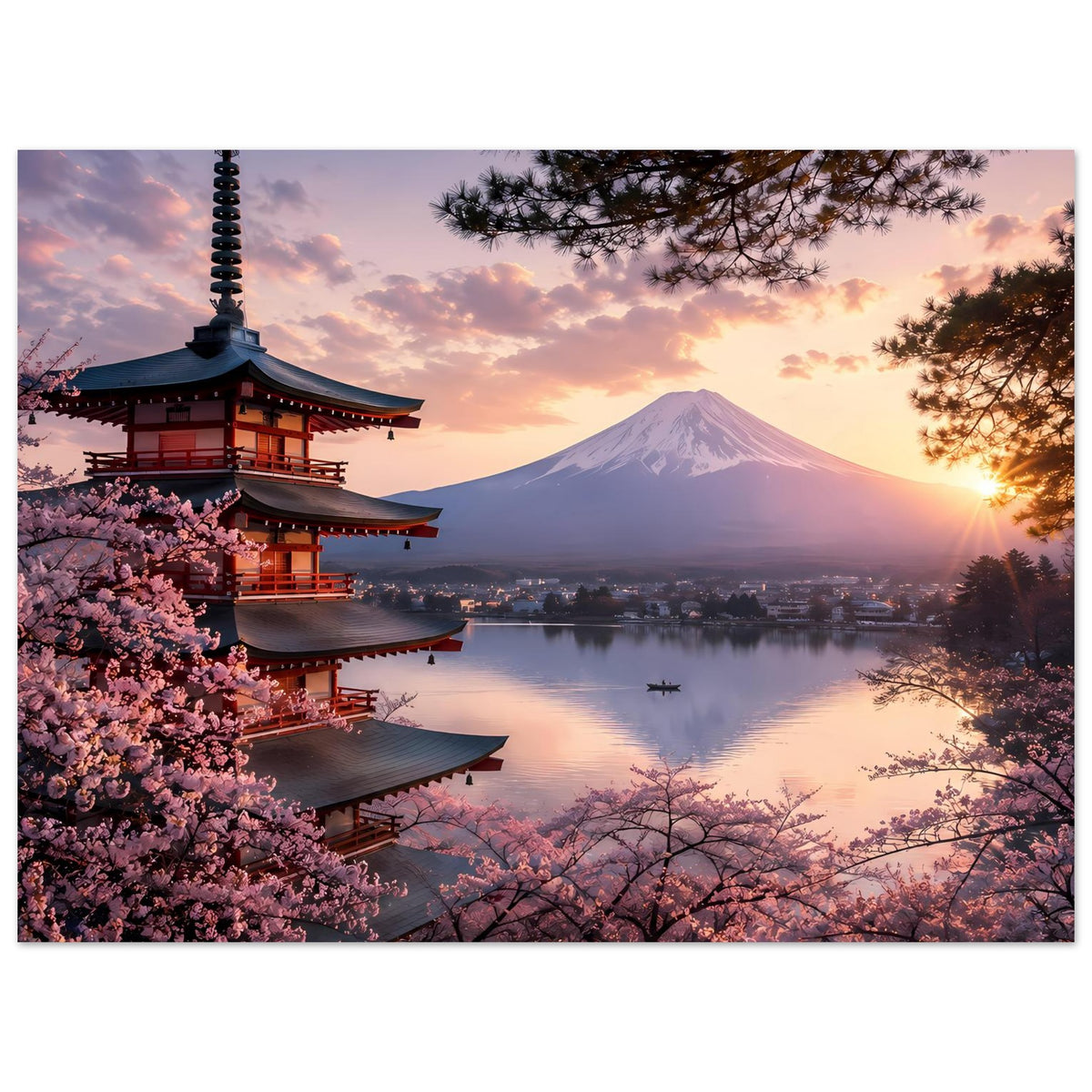 Horizontales Poster mit japanischer Pagode und Kirschblüten vor Mount Fuji im Sonnenlicht