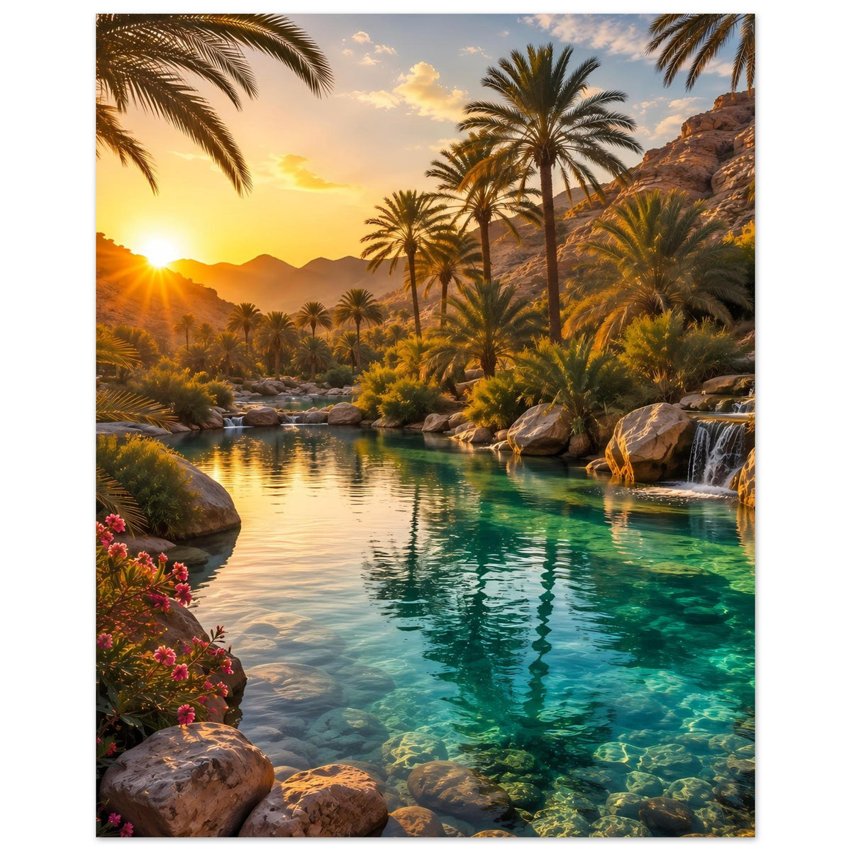 Poster im Querformat: Palmenlandschaft mit Fluss, Felsen und Wasserfall