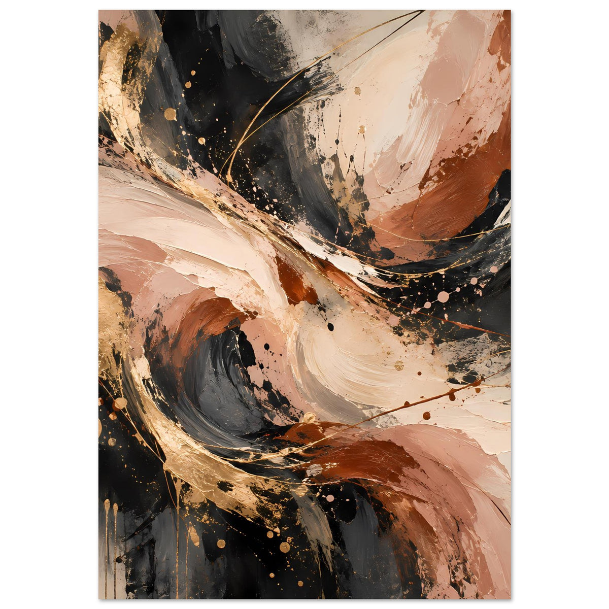 Abstraktes Kunstposter (Hochformat) mit Pinselwirbeln in Beige, Rost und Schwarz