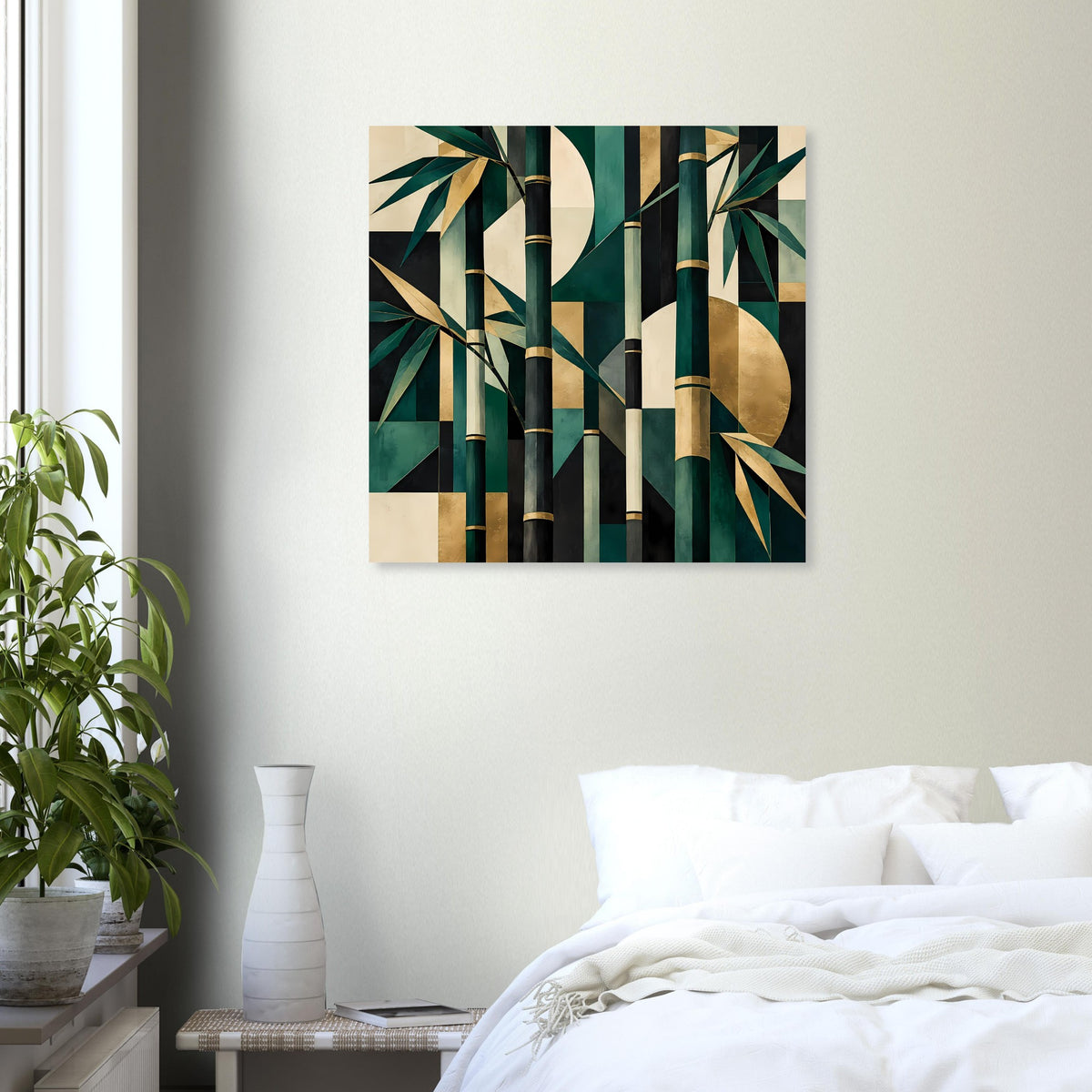 Quadratisches Naturposter mit Bambus-Motiv, Smaragdgrün, goldene Flächen und Streifen