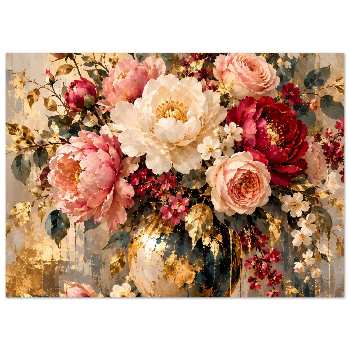 Horizontales Blumenposter mit Rosen und Pfingstrosen in Vase, Pastellrosa, Creme und Goldakzenten
