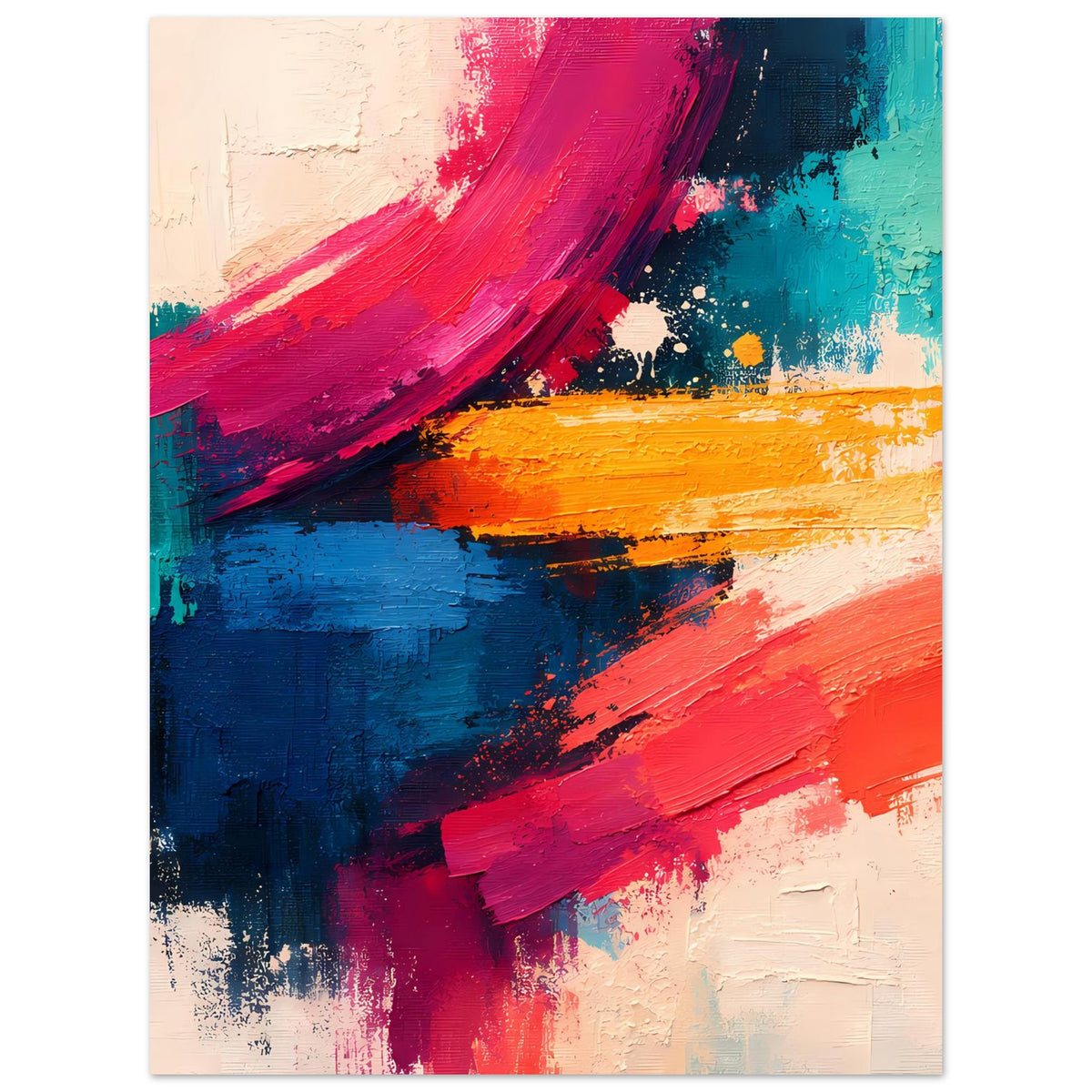 Abstrakter Poster-Druck mit Pinselstrichen in Rot, Blau, Türkis und Orange auf hellem Grund