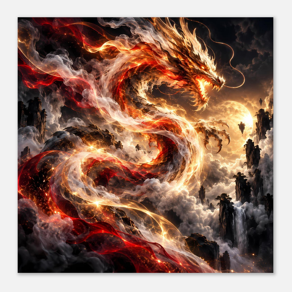 Drachenposter: feuriger Drache im Rauch, leuchtende Goldtöne und rote Glut