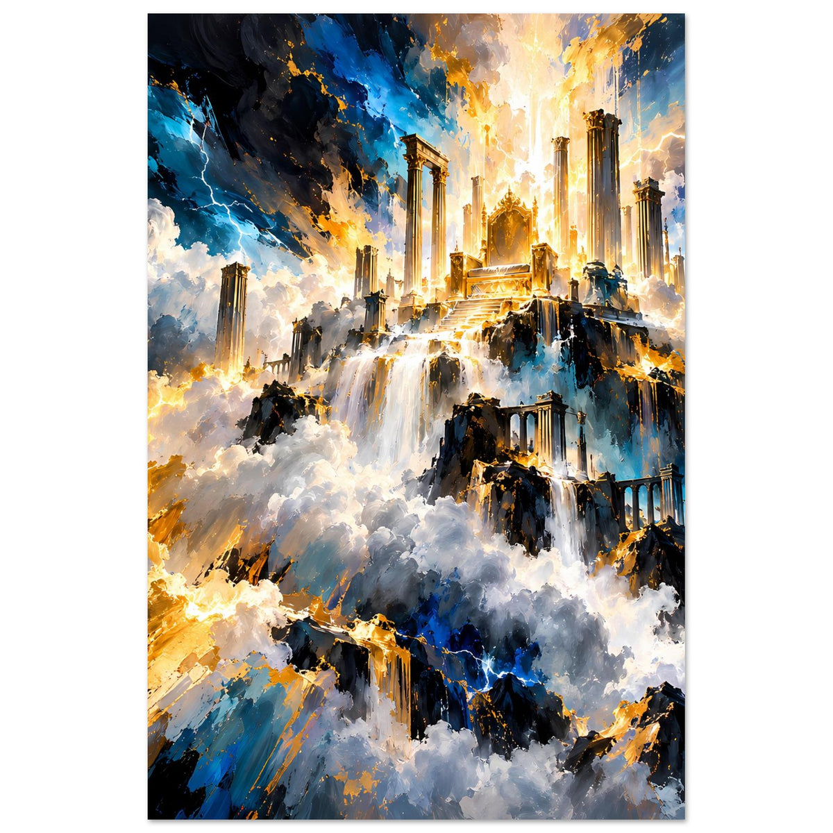 Fantasy-Poster hochkant: goldene Lichtstrahlen, Wolkenmeer und dunkle Ruinen, blaue Blitze