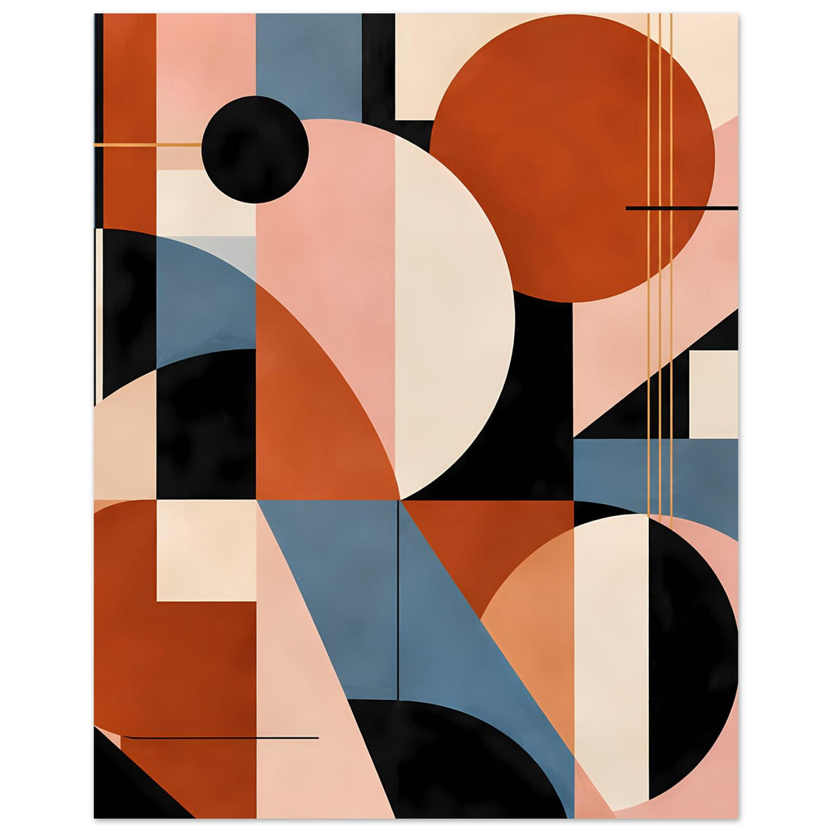 Abstraktes Poster mit großen Kreisen, Diagonalstreifen und Rechteckraster in Terrakotta, Blau und Rosa