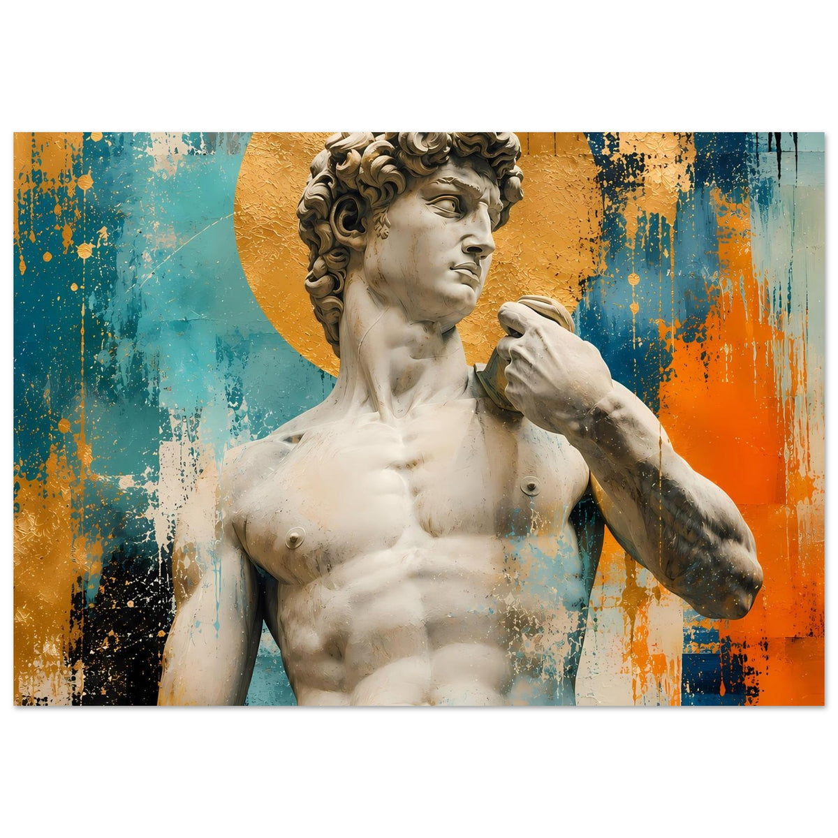 Poster mit Michelangelos David-Figur, detailreiches Haar, goldener Kreis, bunte Sprenkeloptik
