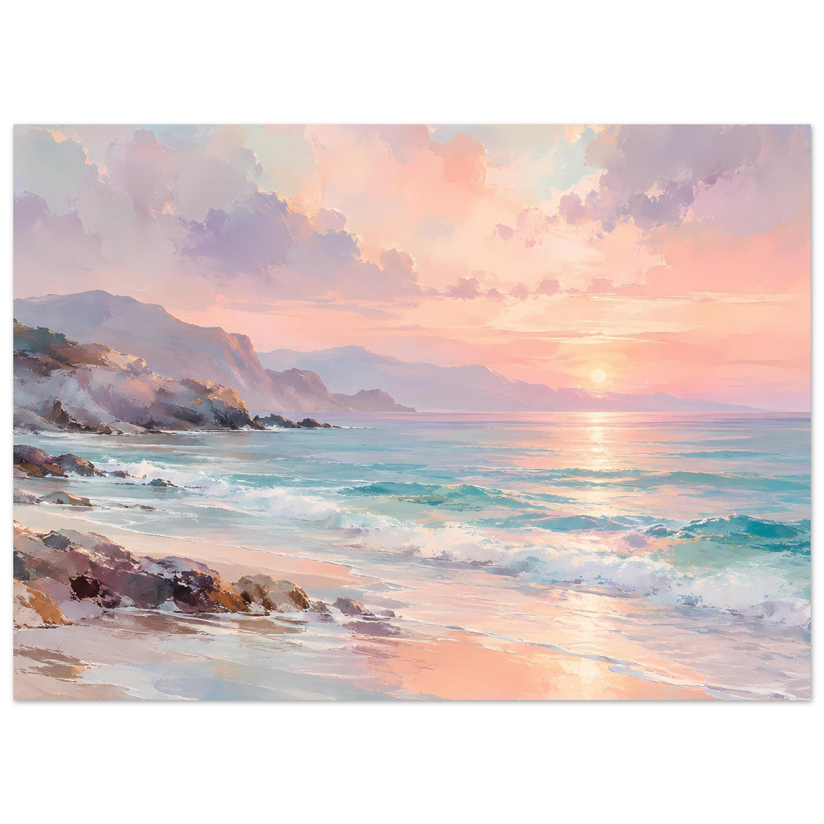 Poster mit Küstenfelsen, Strand und Sonnenuntergang, pastellige Himmelstöne