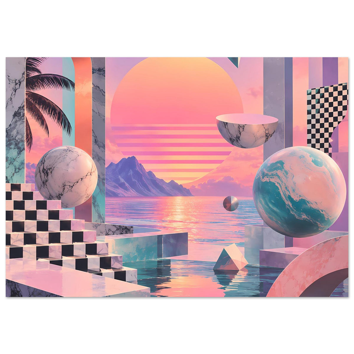 Landschafts-Poster mit Meerblick bei Sonnenuntergang, blauen und rosa Formen, Planetenkugeln