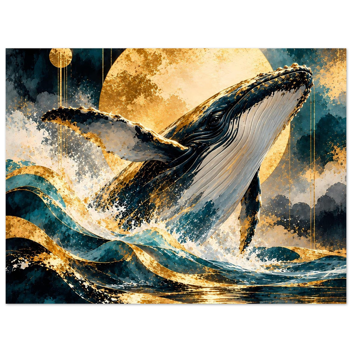 Poster: Buckelwal im goldenen Mondlicht, dunkle Wolken und leuchtender Wasserschimmer