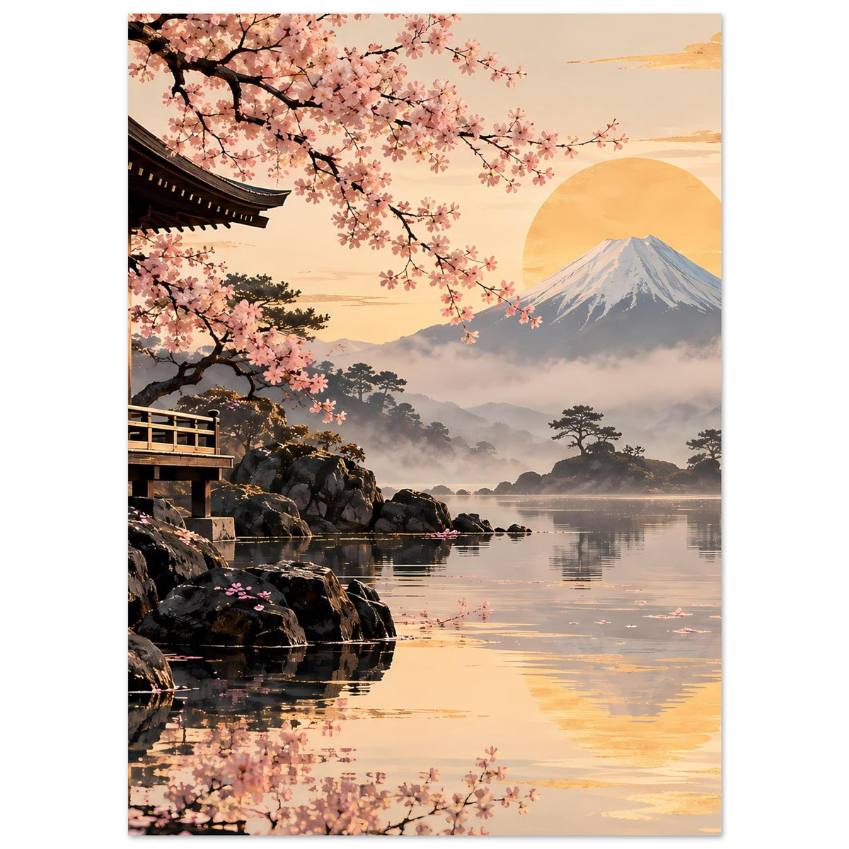 Sakura-Poster mit Kirschblüten über der Pagode, Mondschein-Sonne über Fuji und See.