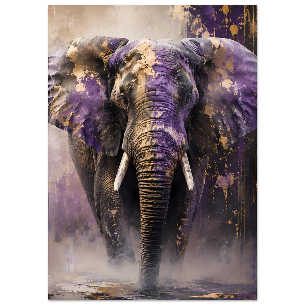 Abstraktes Elefantenposter im Hochformat, lila und gold, mit detailliertem Gesicht und Stoßzähnen.
