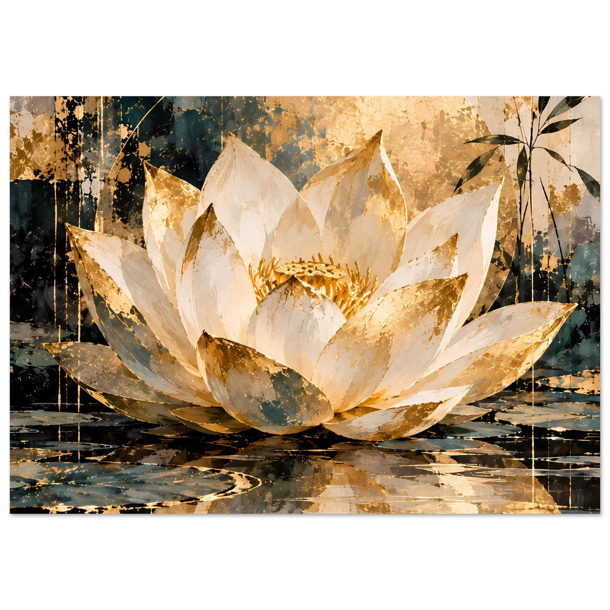 Lotus-Poster mit weiß-goldenen Blütenblättern, abstrakten Strukturen und Blattzweig rechts