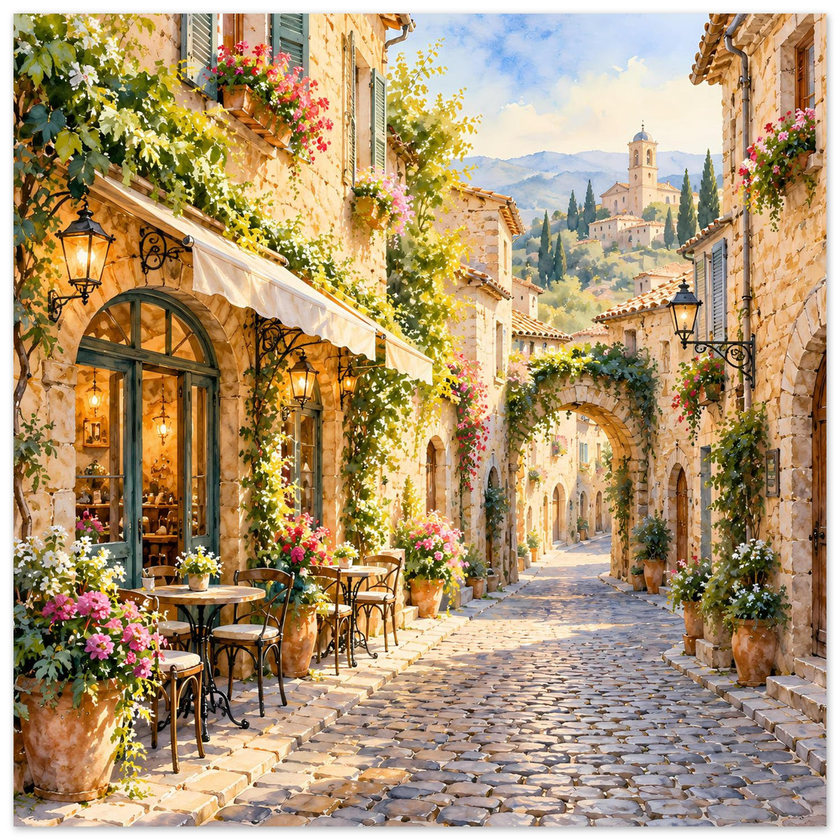 Poster mit mediterraner Gasse, Blumen, Steinbögen und Hügelkirche im Hintergrund