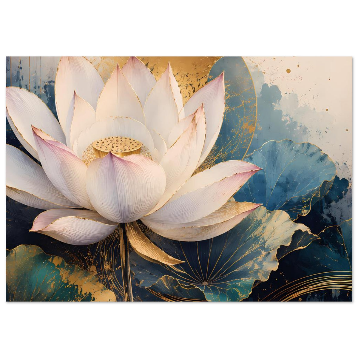 Lotusblumen-Poster mit großer weißer Blüte, gold-blauen Details und blauem Hintergrundmotiv
