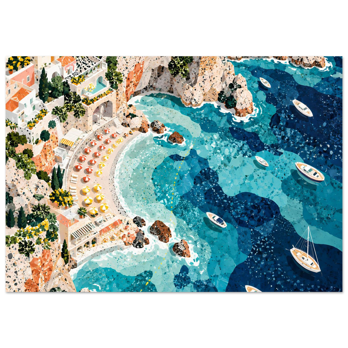 Mediterrane Küstenlandschaft mit Villen, sonnigen Felsklippen und türkisblauem Meer in Mosaikoptik – Posteransicht 34