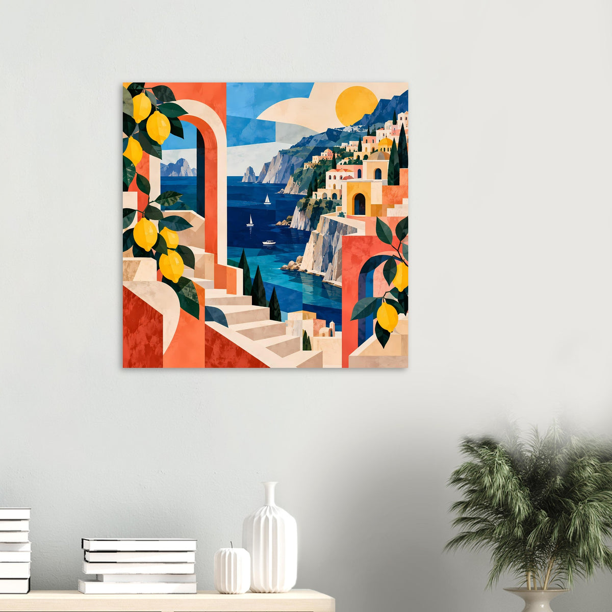 Kleines Küsten-Poster mit Arkadenblick auf die Küste, Sonne und Zitronenblättern