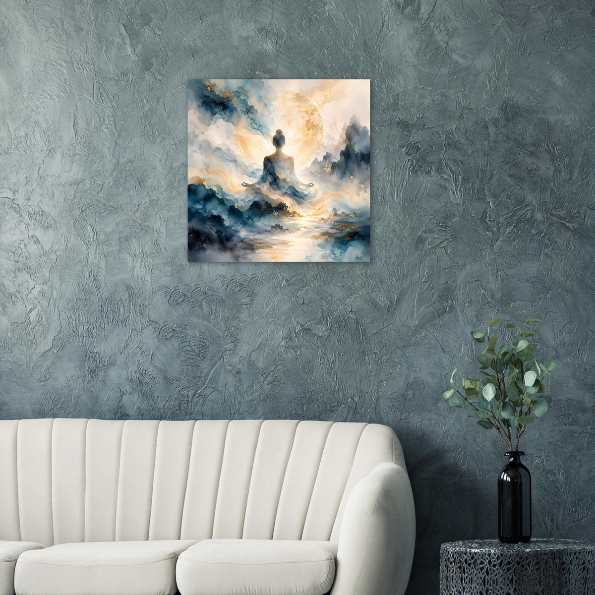 Quadratisches Poster mit sitzender Silhouette, blauen Rauchwolken und goldenen Lichtern