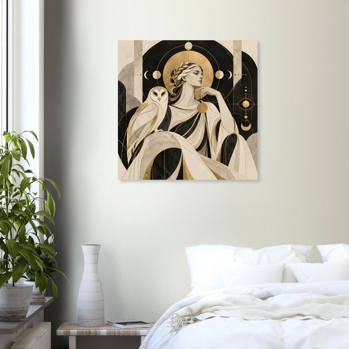 Kunstdruck: Frau mit Schleier im schwarzen Halbkreis, goldene Kreise und Fabeltier