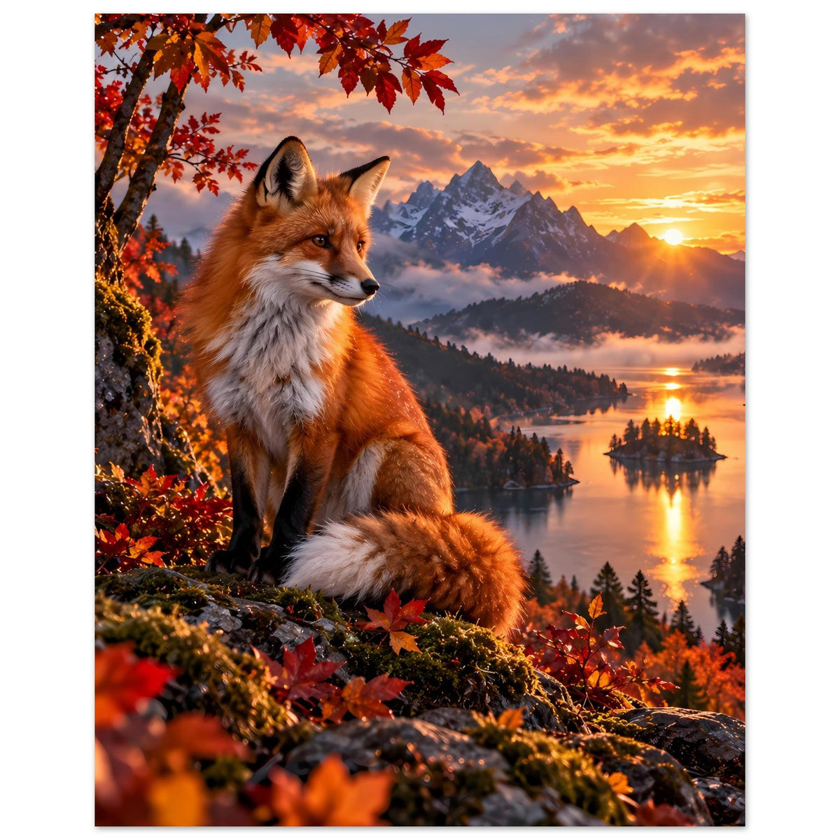 Poster mit Fuchs im Herbst: braunes Fell, orange Blätter, reflektierender See und Berge