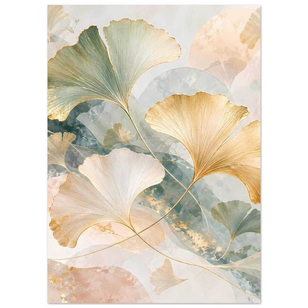 Poster mit großen Ginkgo-Blättern: goldene Flächen, türkisblaue Akzente