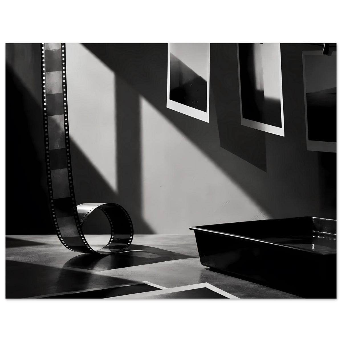 Schwarz-weißes Fotografie-Poster: Filmstreifen links, Schale rechts, ausgehängte Abzüge oben