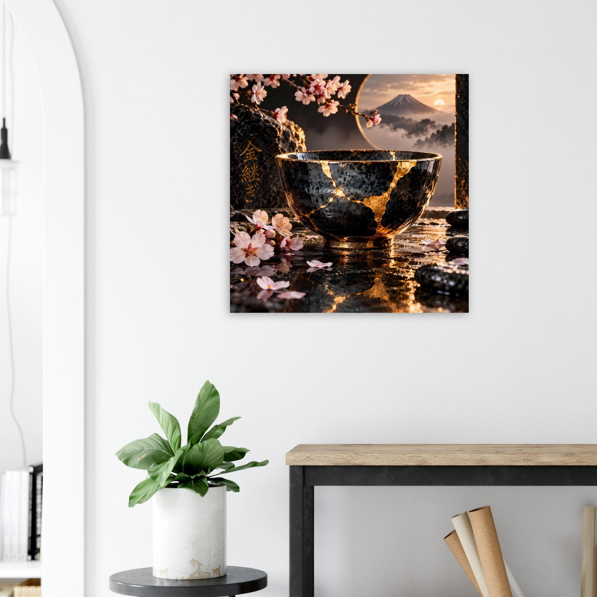Wandposter quadratisch mit schwarzer Schale, goldenen Risslinien und Kirschblüten