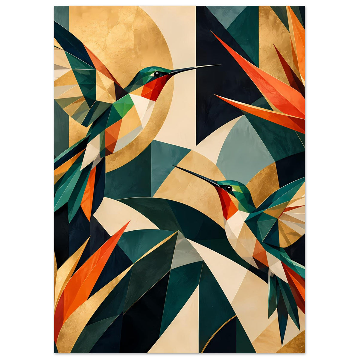 Kunstposter (hochformat) mit zwei Kolibris, geometrische Facetten in Türkis, Orange und Beige