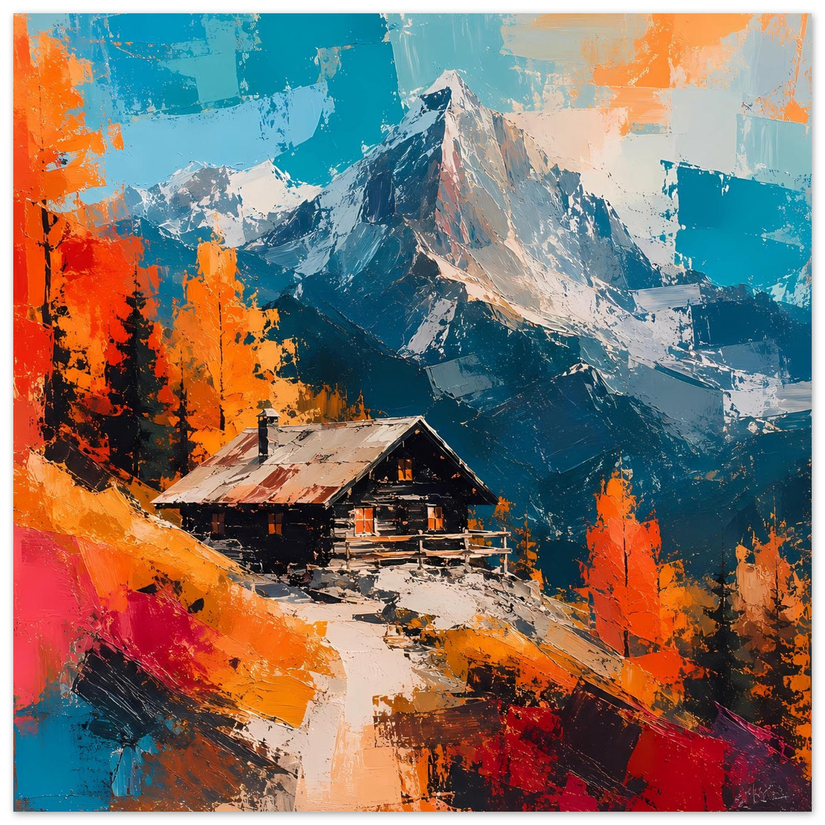 Bergposter: Blockhütte im Vordergrund, schroffe Gipfel und orange-blaue Farbverläufe
