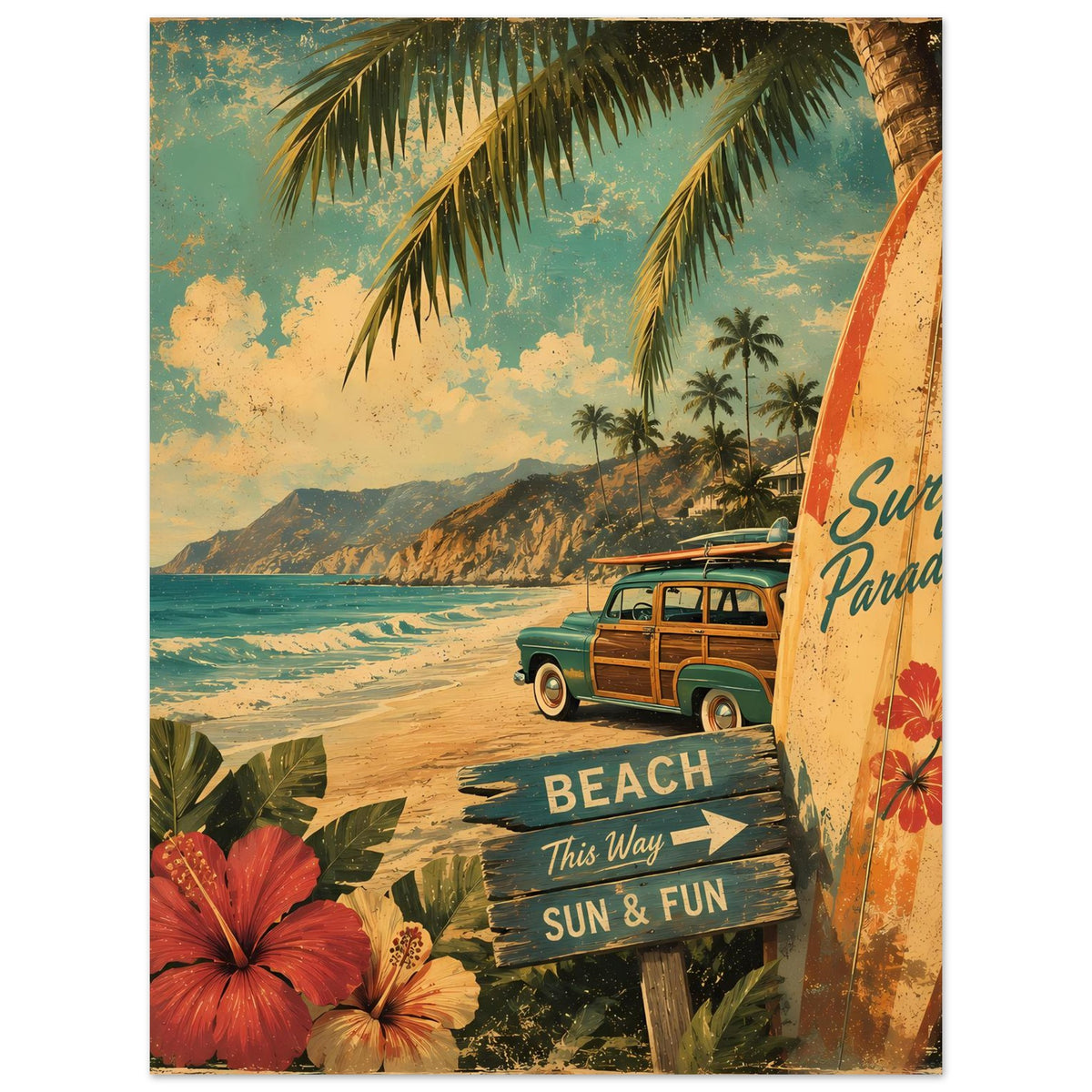 Vintage-Poster mit Surfbord, Strandweg-Schildern „BEACH“ und „SUN & FUN“ sowie Van