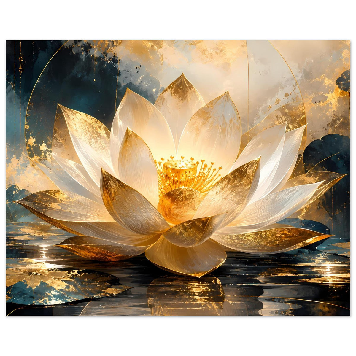 Kunstposter mit Lotusblüte in Gold und Weiß, detaillierte Blütenmitte und Wasserspiegel