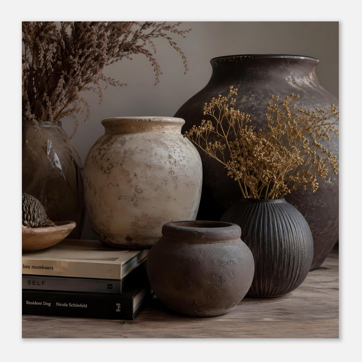Poster-Motiv: Cremefarbene Vase, dunkle Rippenvase und Trockenblumen in Gold- und Brauntönen