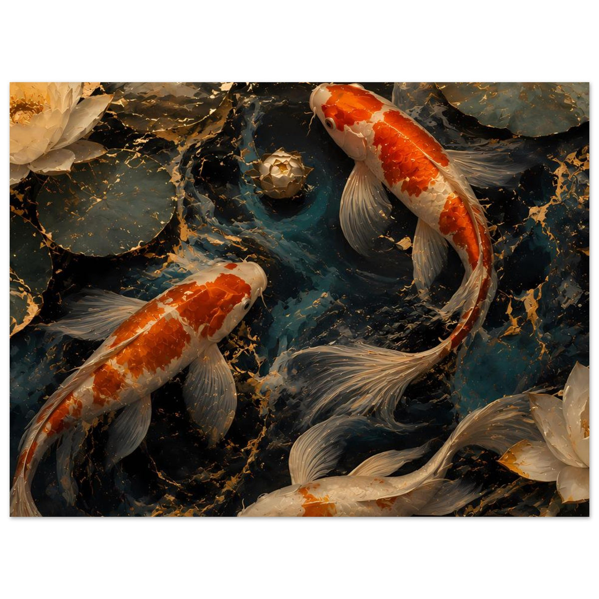 Horizontales Kunstposter mit Koi-Fischen im Teich, orange-weiße und graue Fische