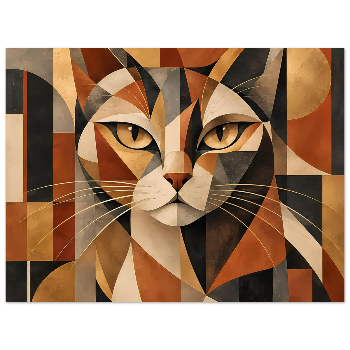 Gerahmtes Poster im Nahanschnitt: geometrisches Katzenporträt mit warmen Braun- und Beigetönen