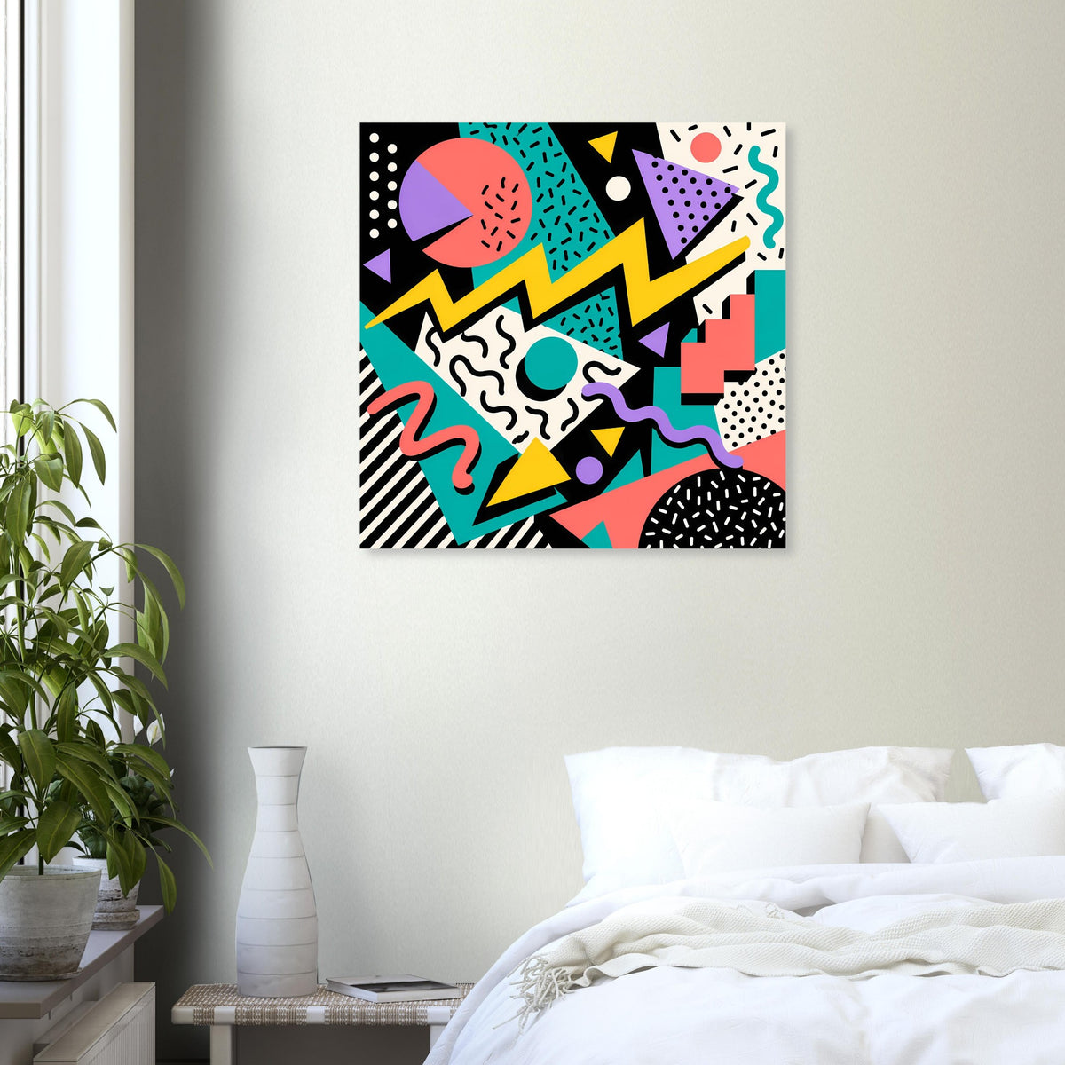 Quadratisches Wandposter mit abstrakten Farbflächen und Punkten in Schwarz, Türkis, Pink