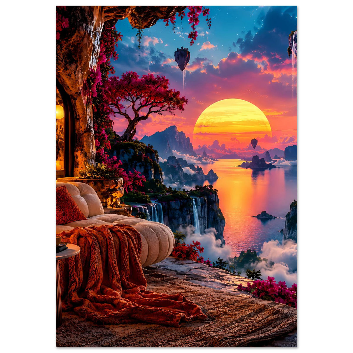 Landschaftsposter im Hochformat: goldene Sonne, Blick auf Fluss, Wasserfall und Ballons