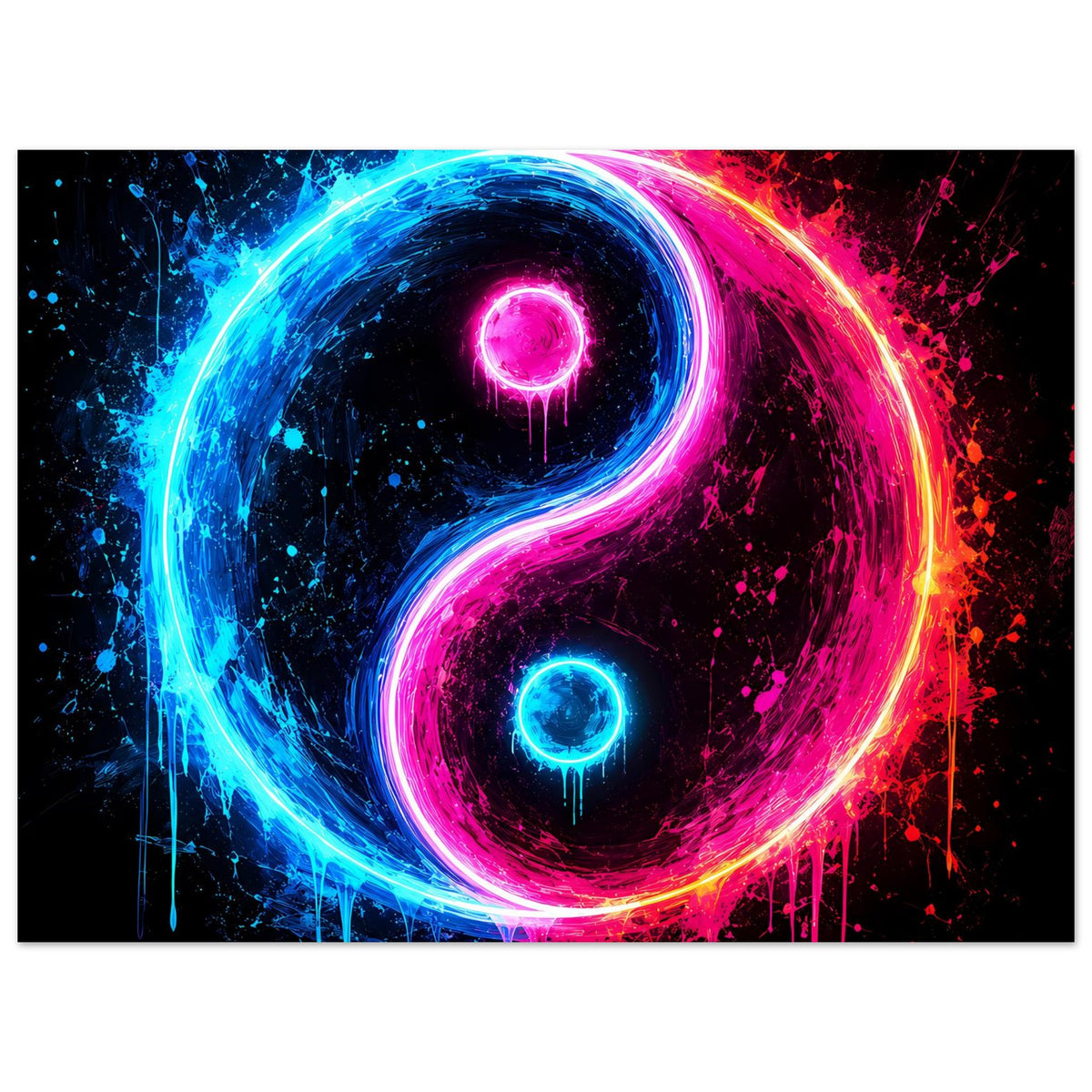 Neonblaues und pinkes Yin-Yang-Leuchtposter mit abstrakten Farbspritzern, horizontales Gesamtmotiv
