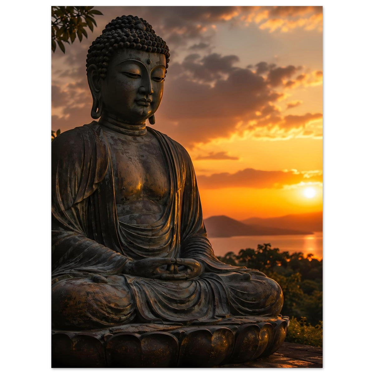 Buddha-Meditationsposter: sitzende Statue mit gefalteten Händen, Blick nach vorn, Lotus-Sockel