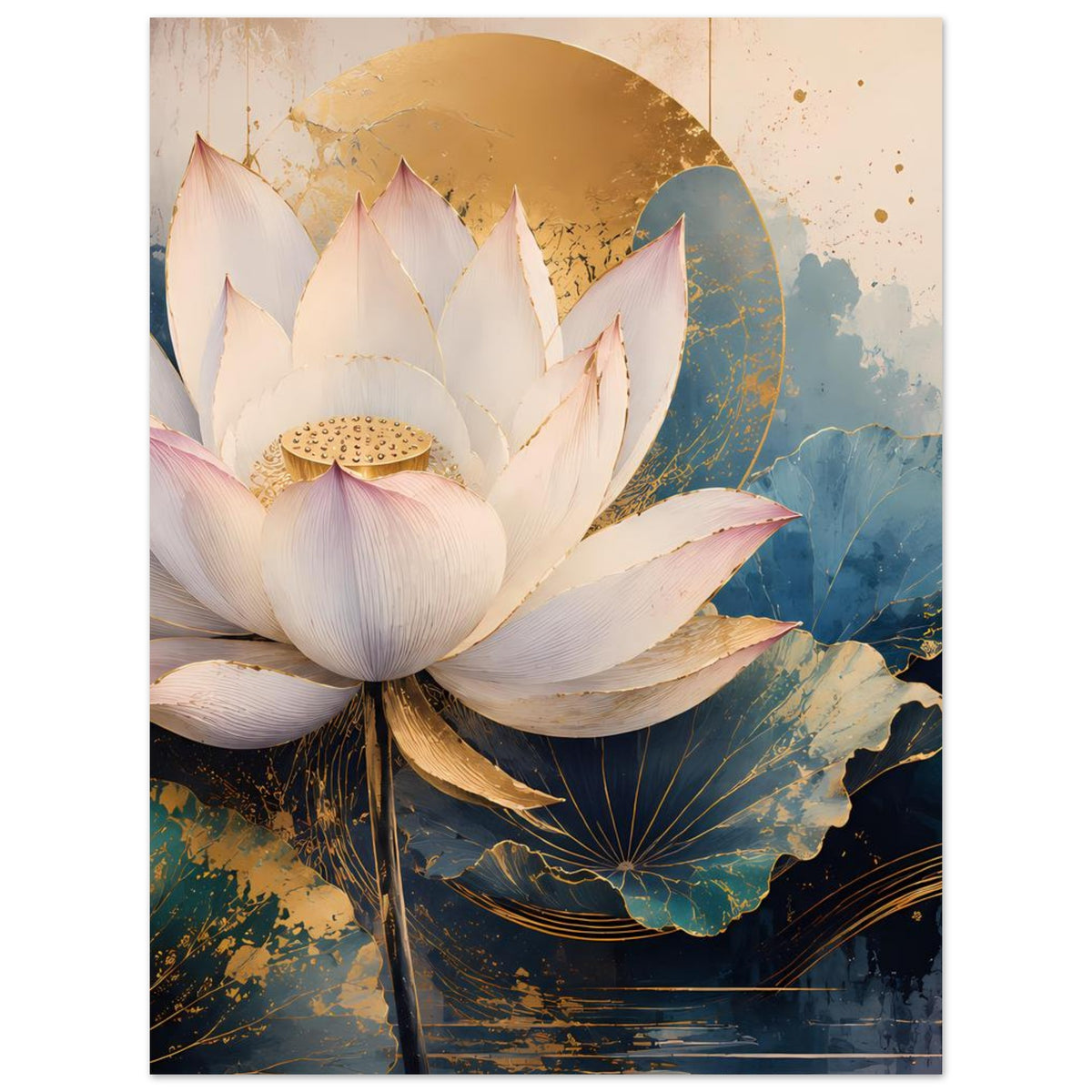Lotusblumen-Poster mit weißen Blüten, goldener Kreisform und blauem Farbverlauf