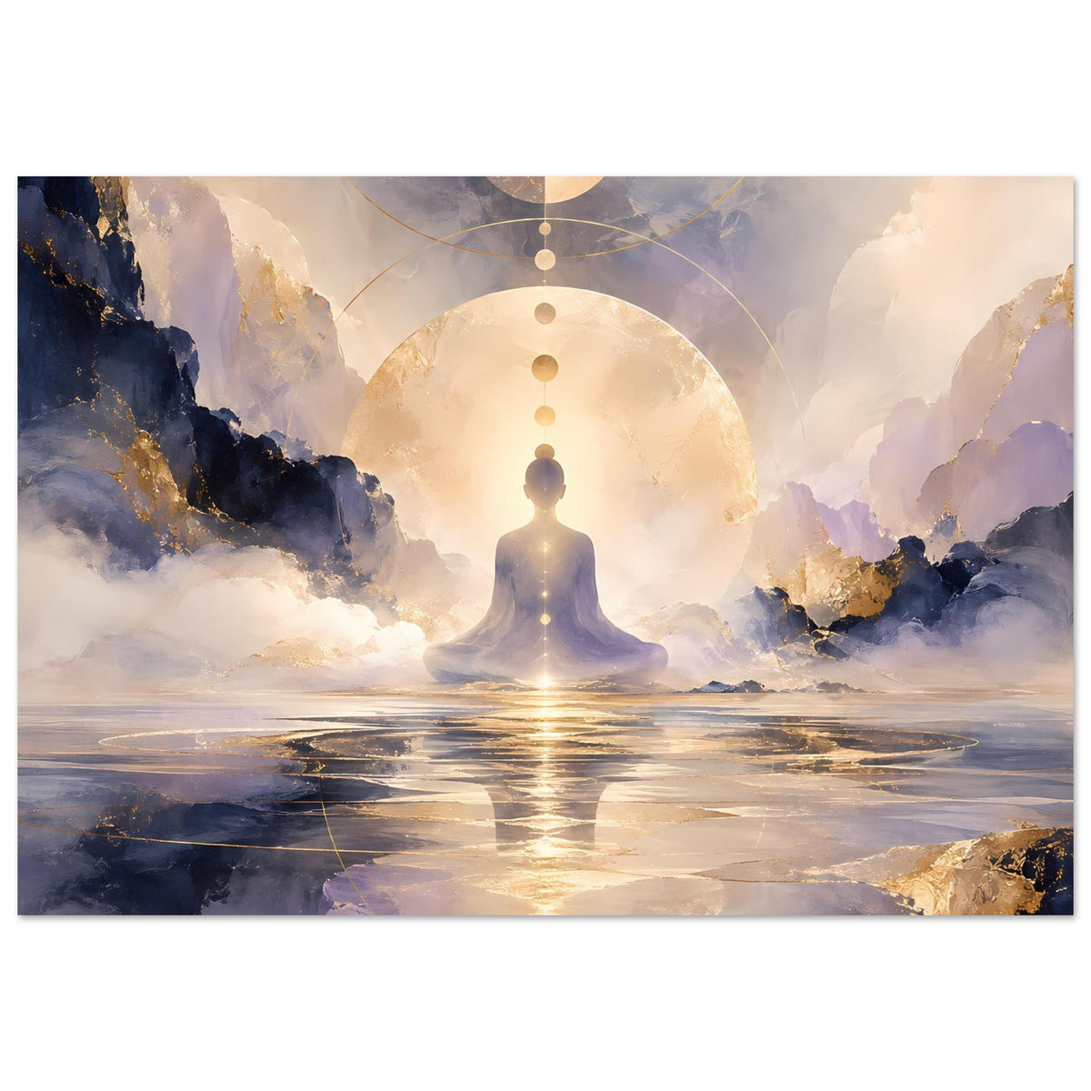 Poster im Hochformat: goldener Mond, meditierende Silhouette und spiegelnde Wasserlandschaft