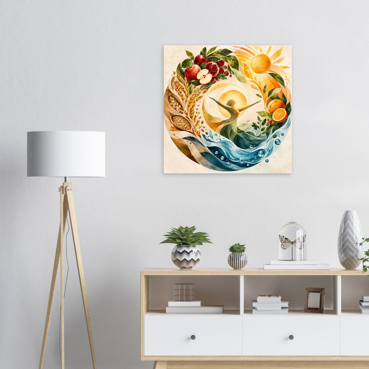 Quadratisches Naturposter mit Sonne, Blättern und Wellenmotiv in warmen und blauen Farben
