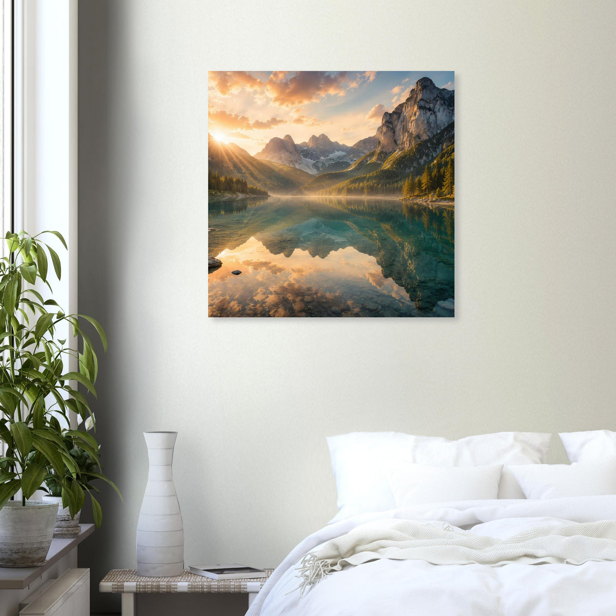 Wandposter mit Bergtal, See und Sonnenaufgangswolken, im quadratischen Rahmen