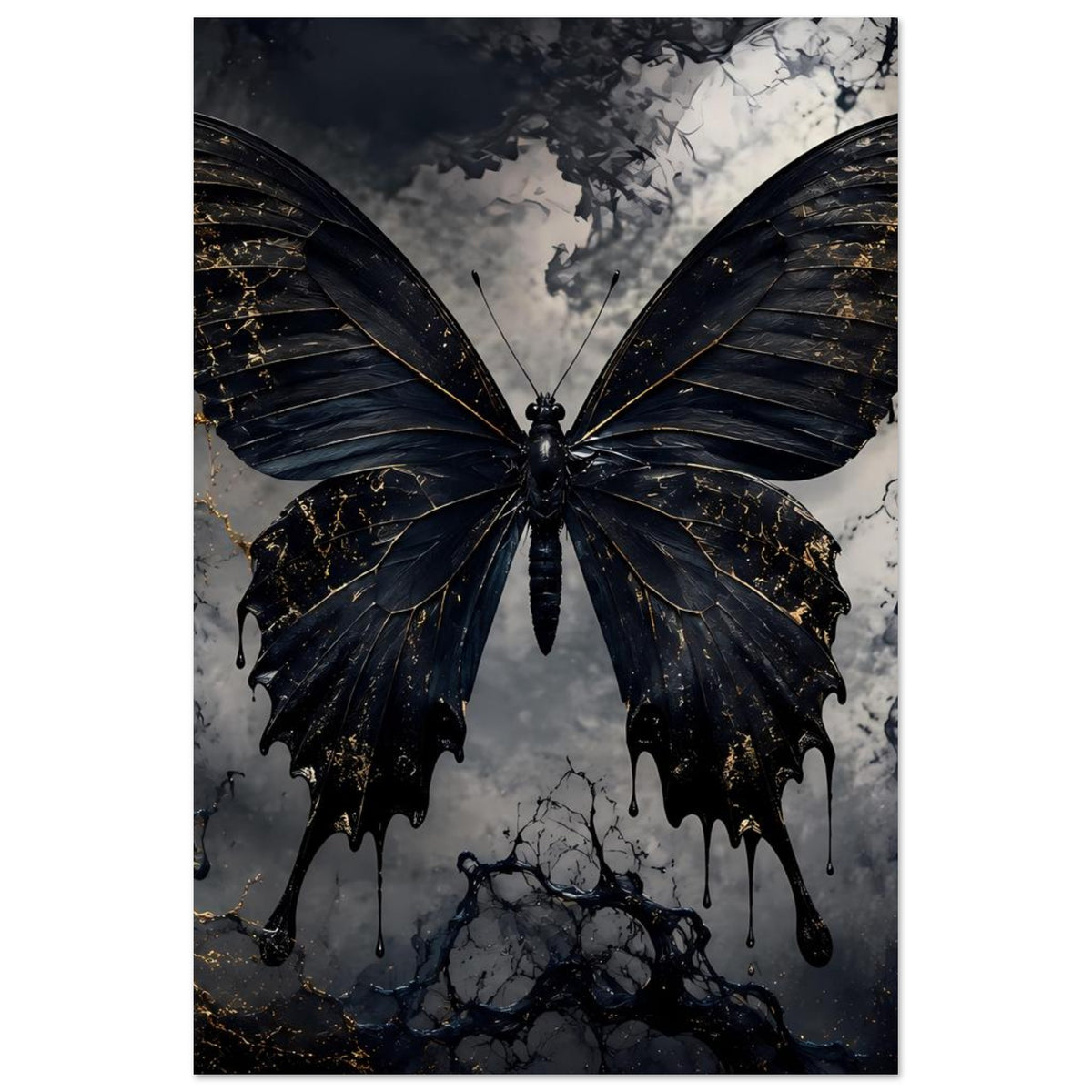 Poster mit schwarzem Schmetterling und goldenen Adern, als Hochformat-Crop mit Marmoroptik