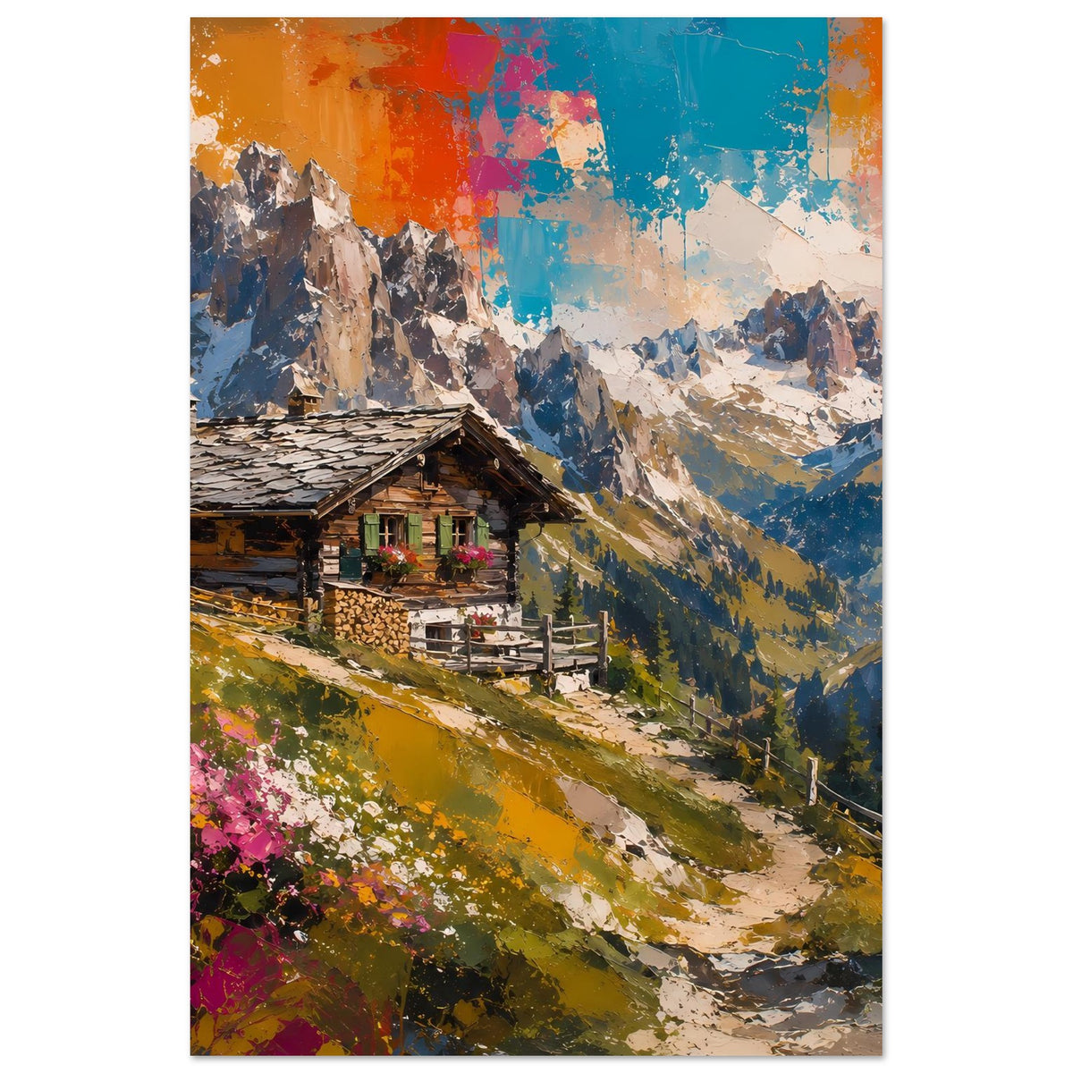 Vertikales Poster einer Alpenhütte mit Bergpanorama und farbigen Farbflecken am Himmel