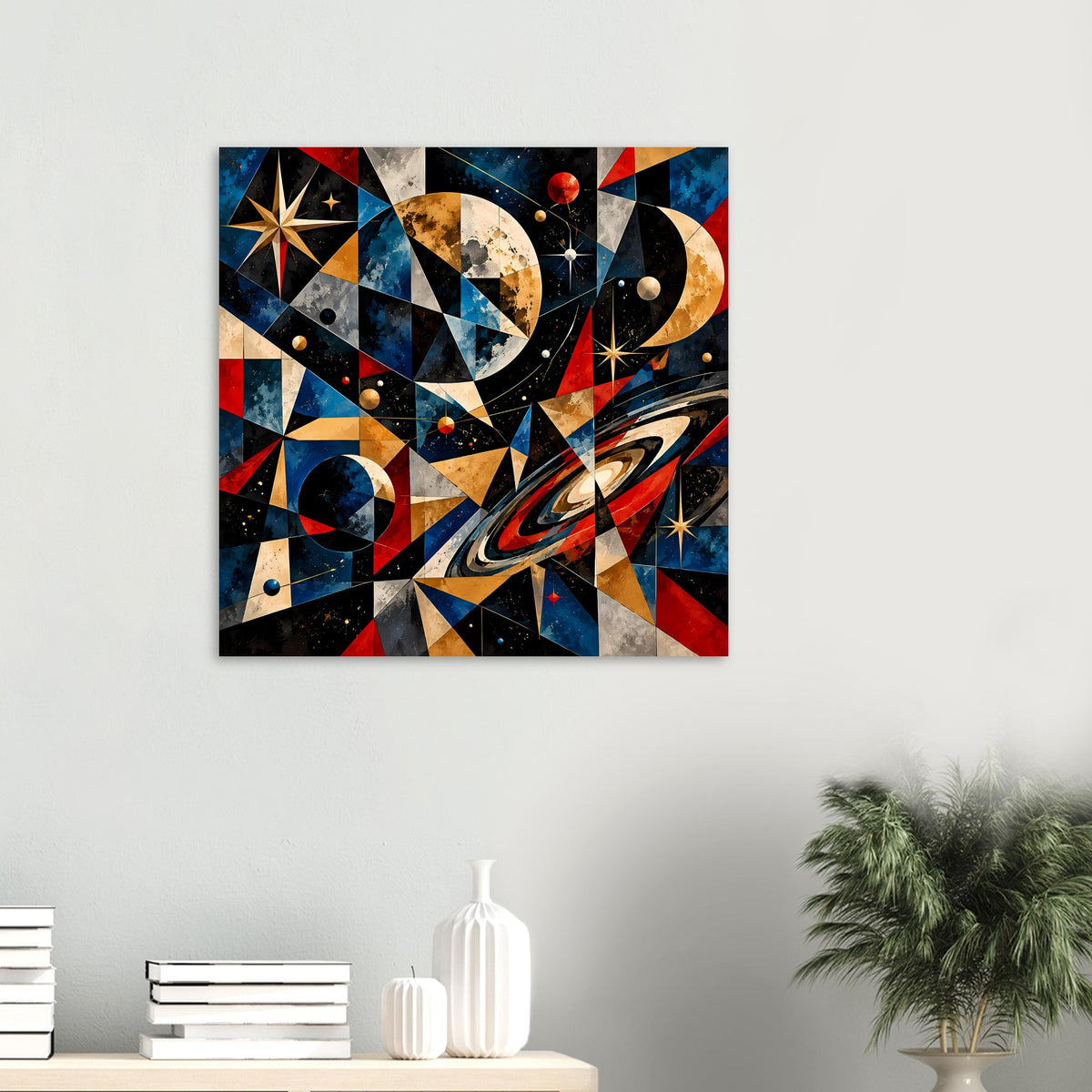 Abstraktes Weltraum-Poster mit geometrischen Planeten, Sternen und Mondsichel in Rot, Blau, Gold