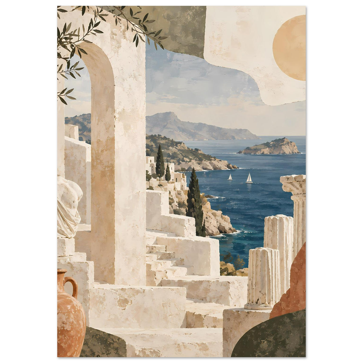Urlaubs-Poster im Hochformat: Stufen und Säulen am Ufer, darüber Himmel mit Sonne