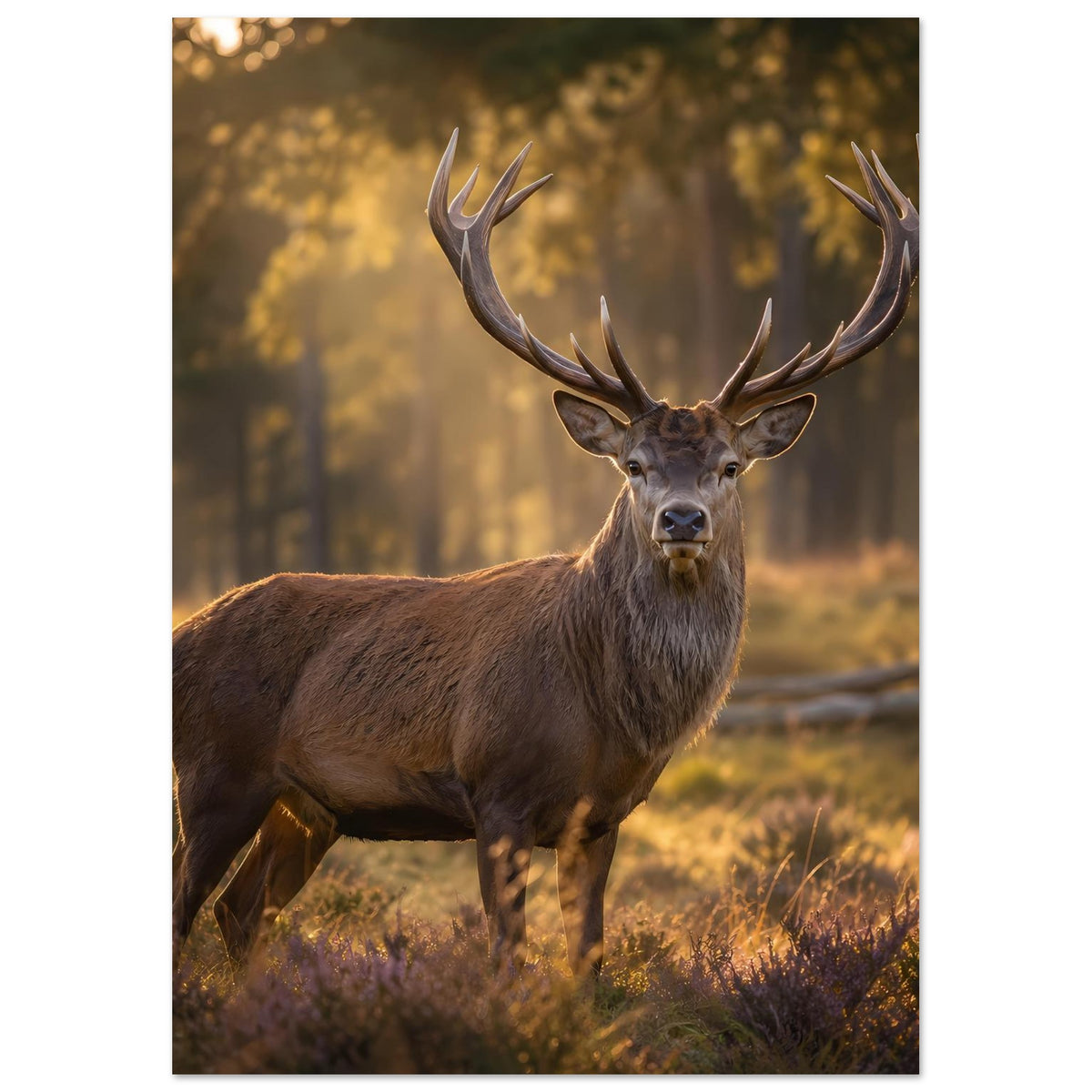 Poster mit Hirschbock im Wald, braunes Fell, Geweih prominent im oberen Bereich