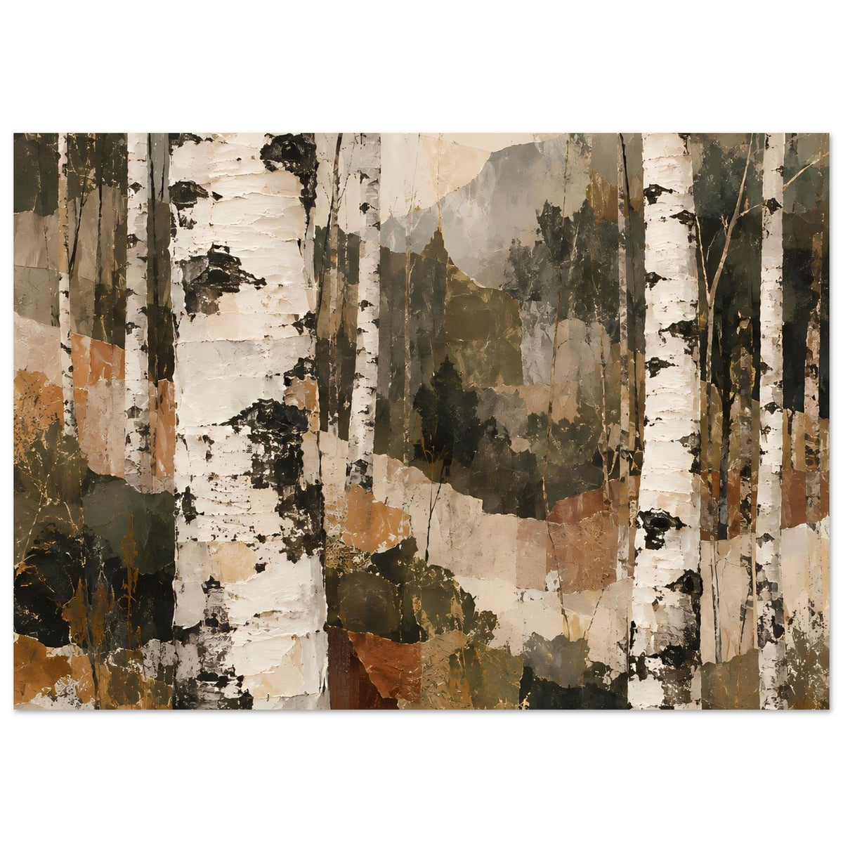 Kunstposter mit Birkenwald-Motiv, Querformat; weiße Birkenstämme und grüne Farbfelder