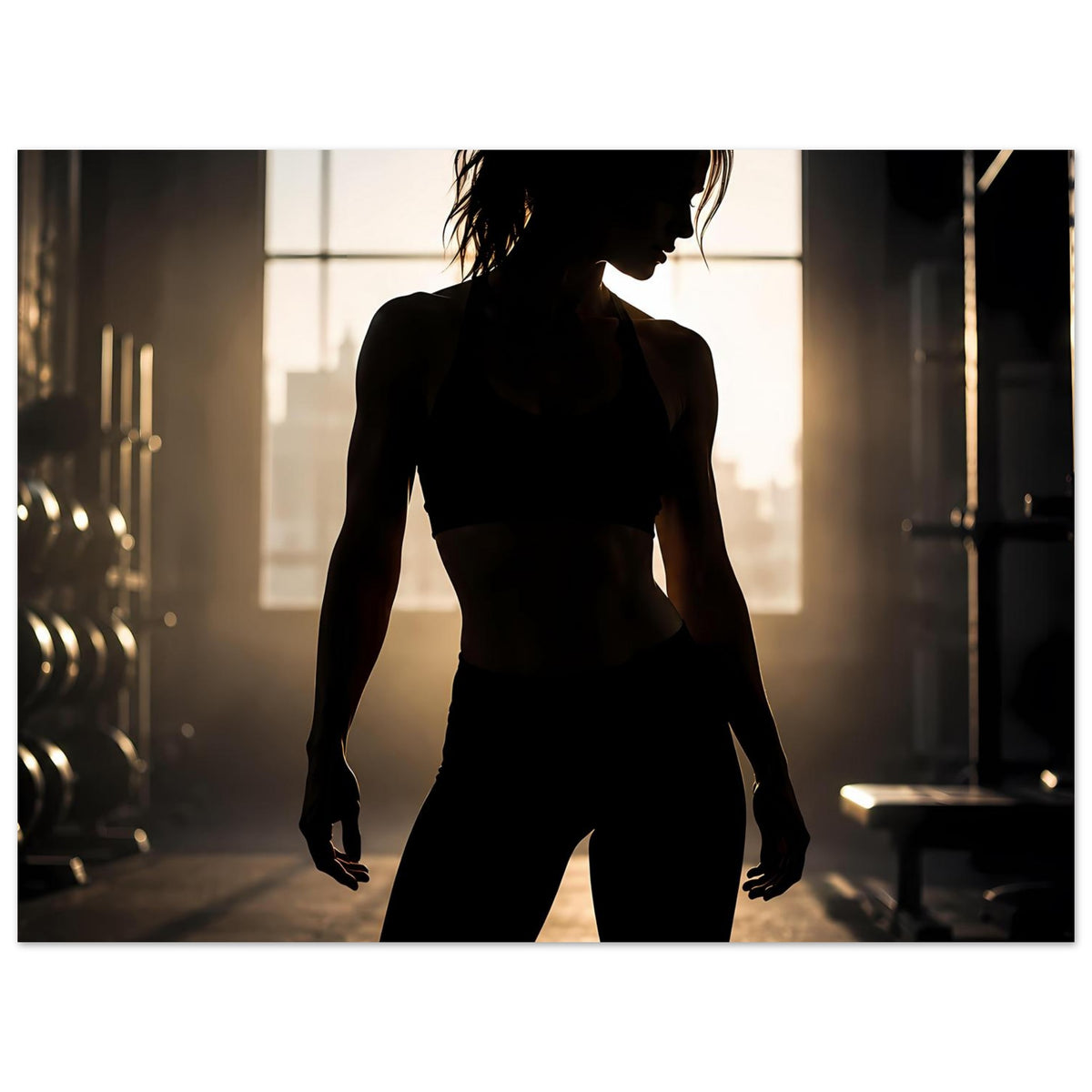 Fitnessposter mit Silhouette einer Sportlerin im Fitnessstudio, dunkle Figur