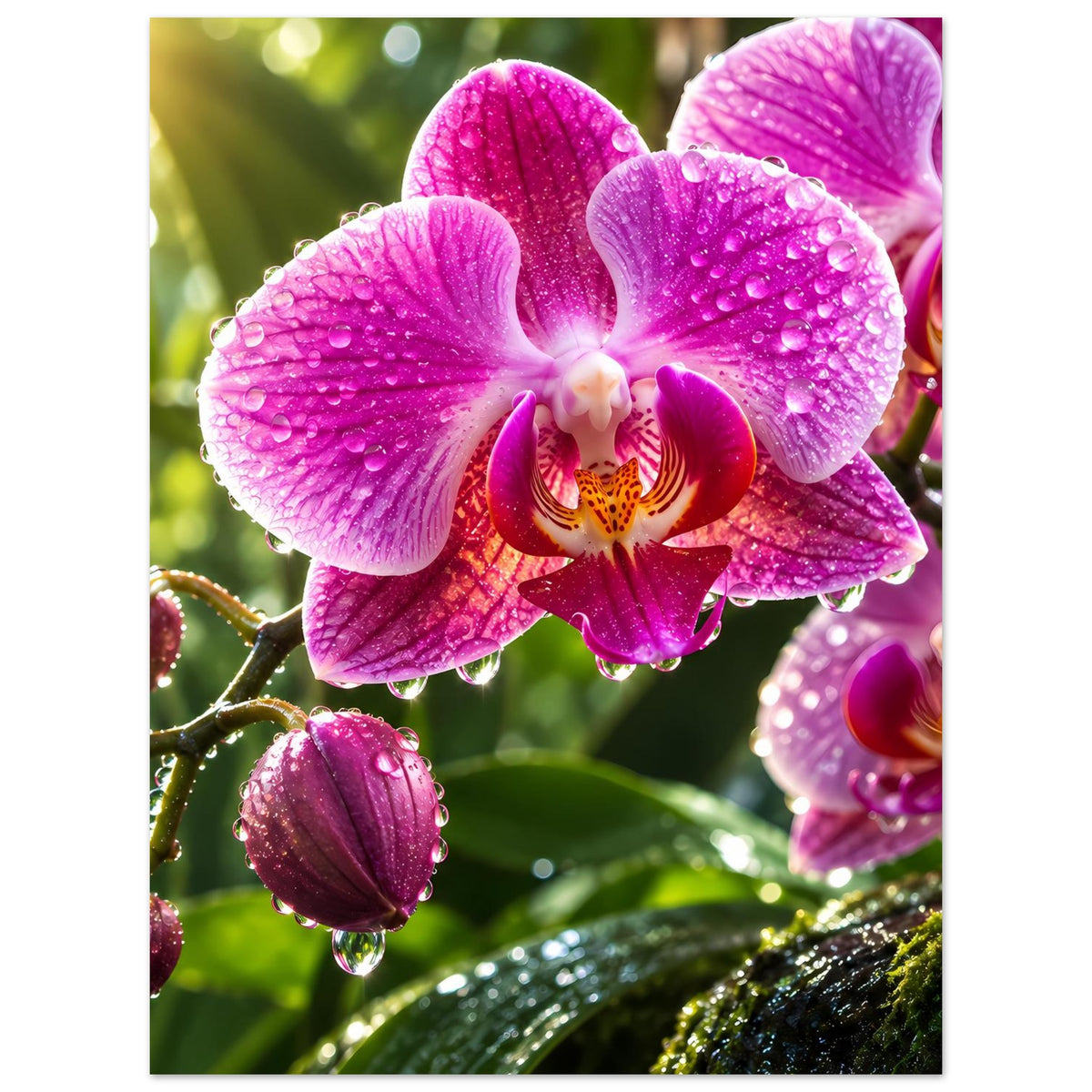 Poster mit pinken Orchideenblüten und glitzernden Wassertropfen auf Blättern